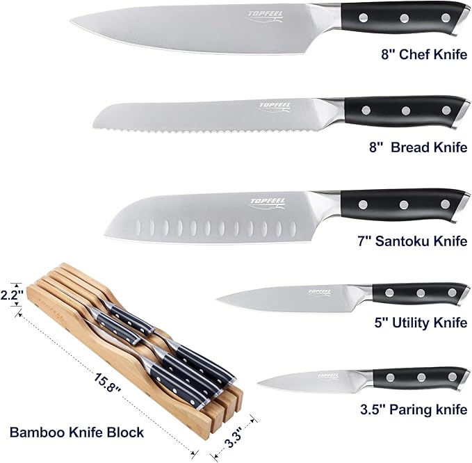 6Pcs Kitchen Knife Set with In-Drawer Bamboo Knife Organizer- 3.5-8 Inch Set Kitchen Knives German High Carbon Stainless Steel Sharp Knife, Knives Set for Kitchen with Ergonomic Handle