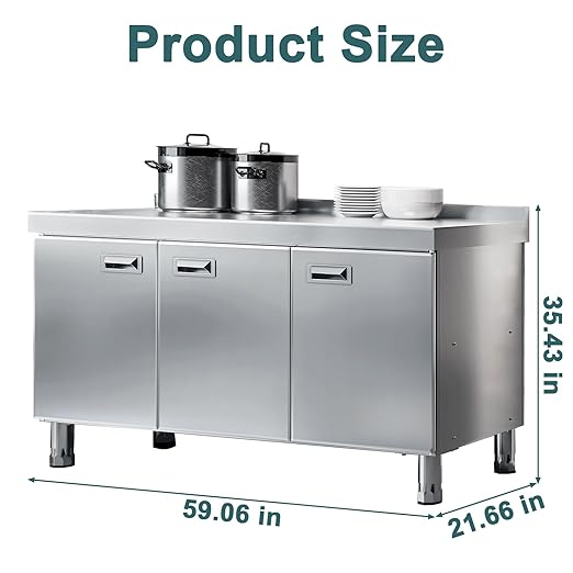 WWK 59" Stainless Steel Table with Cabinet, Commercial Kitchen Table for Prep & Work, Heavy Duty Kitchen Cabinet with 3 Doors for Restaurant, Hotel, Garage, Cafe and Outdoor