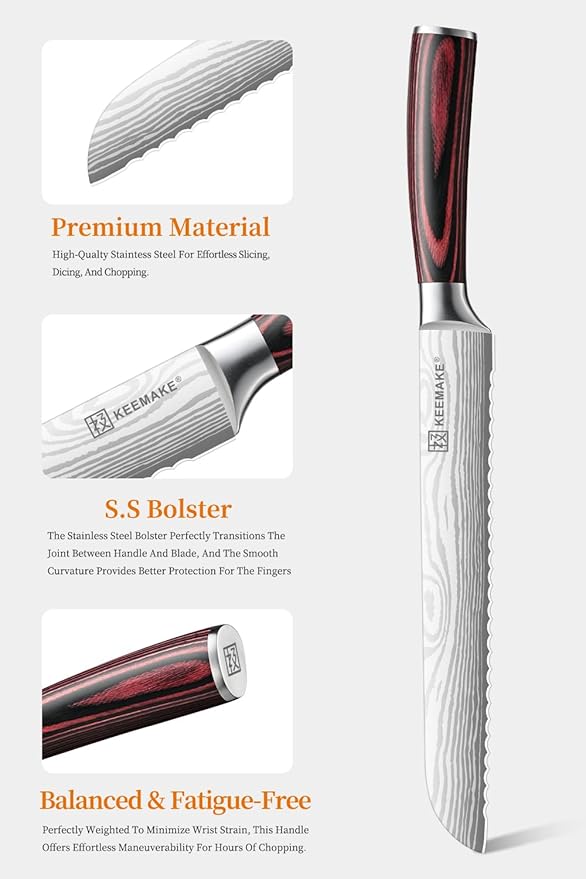 KEEMAKE Serrated Bread Knife 8-inch Ultra Sharp High Carbon Stainless Steel Bread Slicer Knife for Homemade Breads Sourdough Bagels Cakes and Soft Produce - Ergonomic Pakkawood Handle, w/Sheath