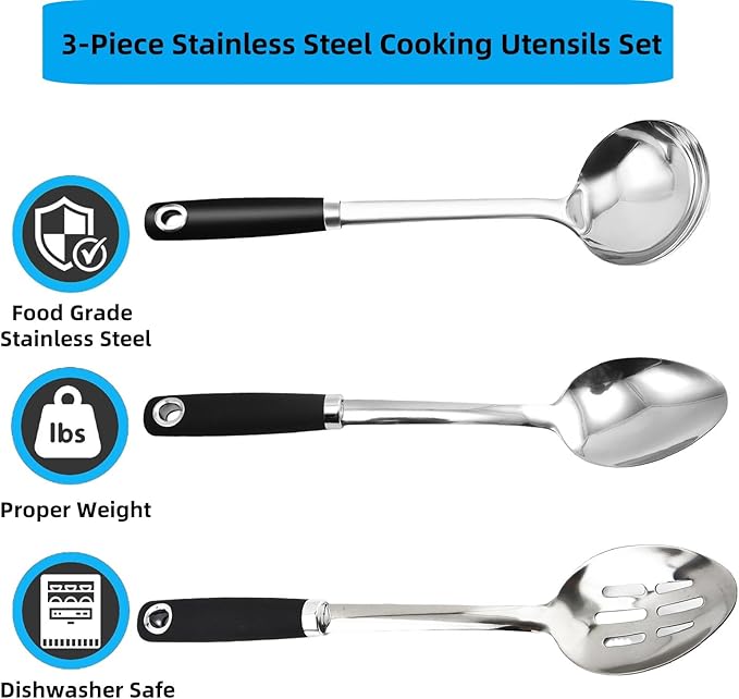 3-Piece Stainless Steel Cooking Utensils Set, Heavy Duty 18/0 14-in Large Serving Spoons Set, Slotted Spoon, Cooking Spoon & Soup Ladle, Kitchen Cooking Serving Utensils Set