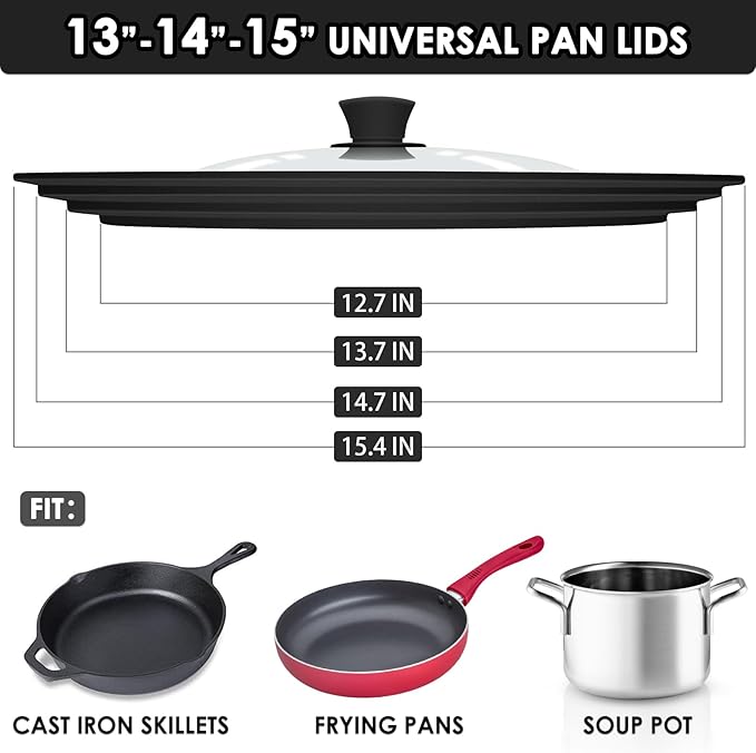 13-14-15 in Universal Pan Lid, Extra Large Silicone Pot Lid for Pots, Pans & Skillets, Replacement Frying Pan Lid with Heat Resistant Silicone Knob, Dishwasher Safe, Black