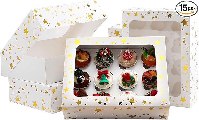 15 Packs Christmas Cupcake Boxes 12 Count, 13x10x3.5 Inch Gold Star Cupcake Containers with Clear Window, Auto-Pop Up Cupcake Carrier with Inserts for Cup Cake, Cupcake Holder for Cookies and Pastry