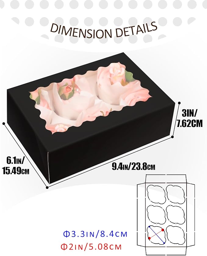 qiqee Black 6 Cupcake Boxes with Window Auto-pop up 30 Packs Cupcake Box 9"x6.1"x3.3" Bakery Boxes For Cupcakes Carrier, Cupcake Containers