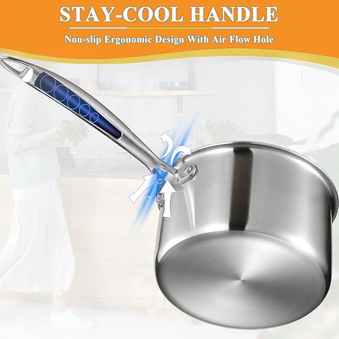 2.5 Quart Triple Stainless Steel Saucepan with Lid, Ramen Pot with Clear Glass Cover, Small Sauce Pan for Cooking Oatmeal, Induction-Ready, Dishwasher-Safe, Suitable for All Stoves