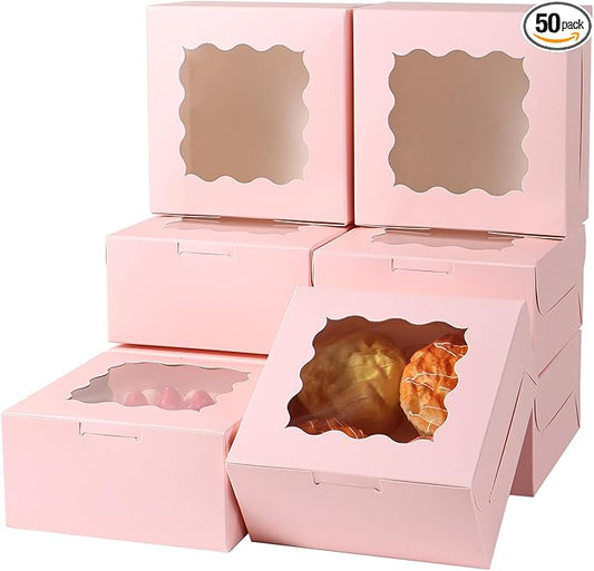 36 pcs 6x6x3 Inches Small Cake Box with Window, Bakery Pastry Cookie Boxes, Mini Pie for Pastry,Dessert,Strawberries,Chocolates, Cupcakes with paper stickers (Pink)