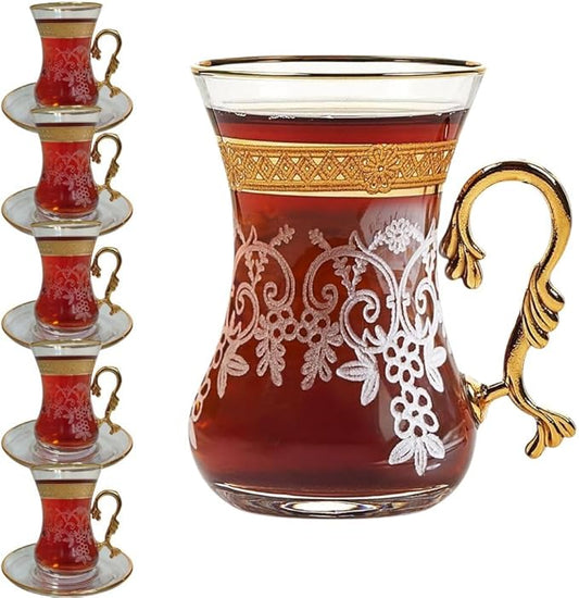 Gold Vintage Turkish Moroccan Persian Arabic Tea Glasses Cups and Saucers Set of 6 Drinking Glassware Party Adults Fancy Coffee Drinks Kettle Women Teacup Handle Drinkware Teapot
