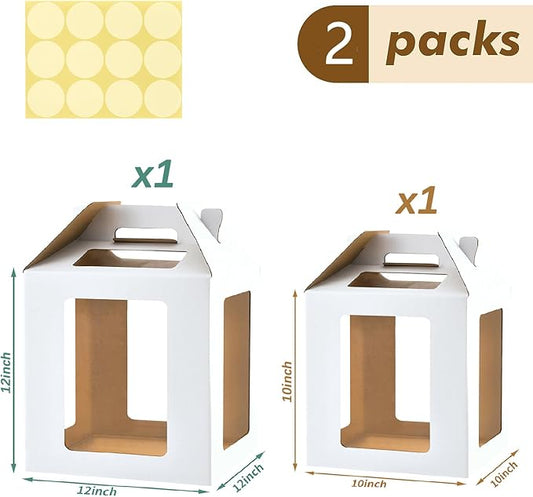Tall Cake Boxes 6 Windows with handle, In 2 Size 10x10x10&12x12x12inch Cake Boxes for 12" & 14" Tiered Cakes,Square Cake Carrier,largeTake Out Transport Containers(2Pcs-White)