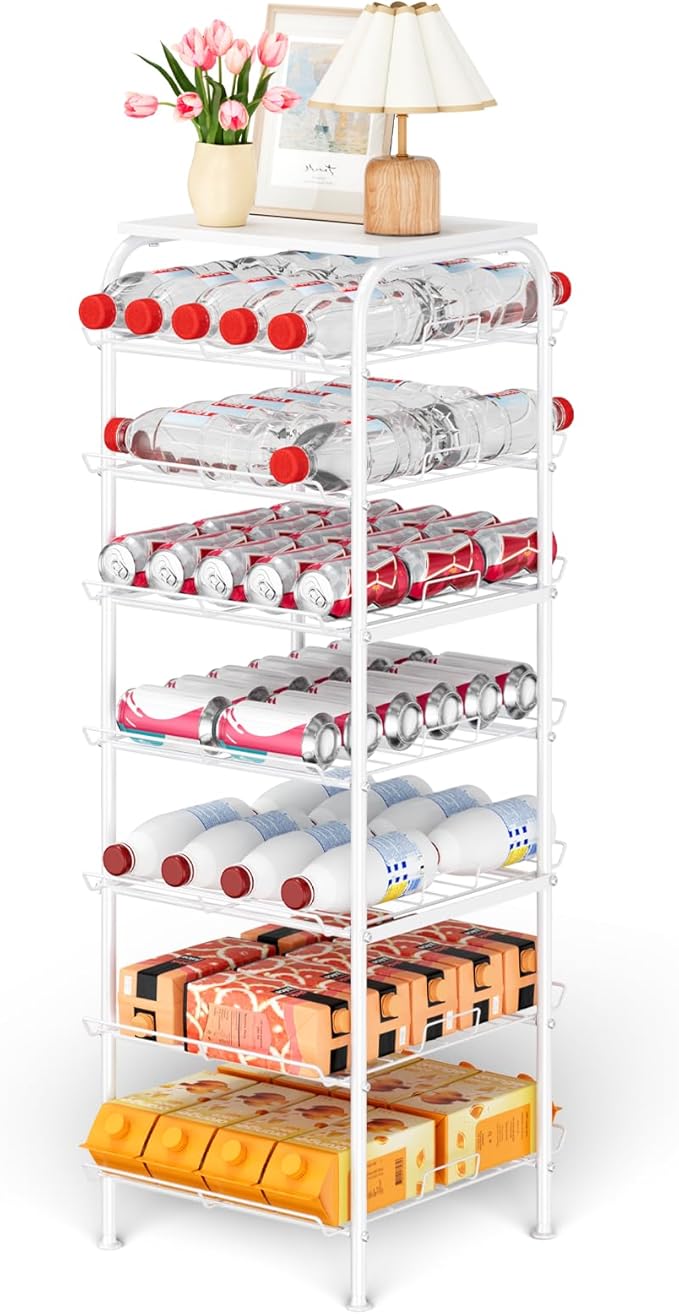 smusei Water Bottle Organizer 7 Tier Free Standing Bottled Water Storage Rack Metal Wire Water Bottle Holder Rack Large Capacity Soda Beverage Drink Stand Shelf for Pantry Kitchen Office, White