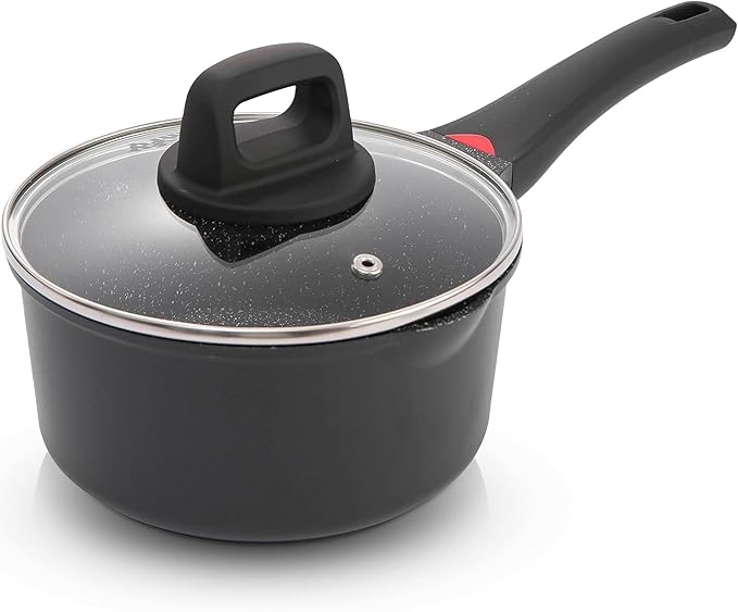7 Inch Non Stick Sauce Pan with Glass Lid & Pour Spout - Lightweight 1.8 Quart Ceramic Coated Saucepan - Multipurpose Induction Compatible PFOA Free Small Cooking Pot with Stay Cool Handle (Black)