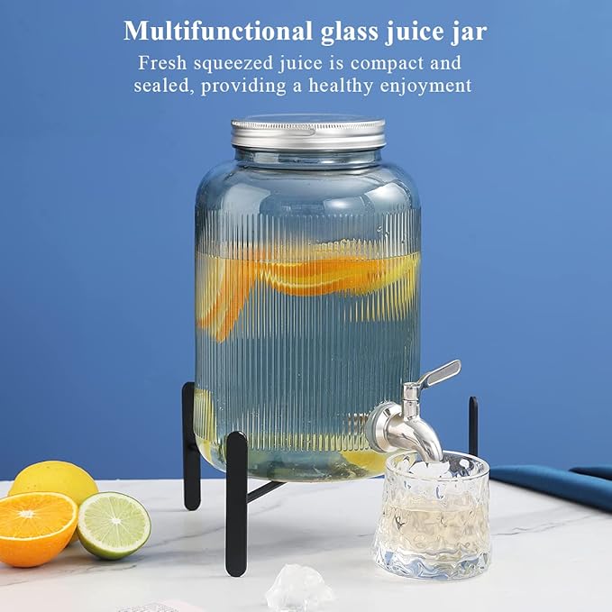 Berglander Glass Drink Dispenser for Fridge, 1 Gallon Beverage Dispenser with Leakproof Stainless Steel Spigot, Water, Laundry Detergent, Juice Dispenser for BBQ, Picnic, Parties and Events (Blue)