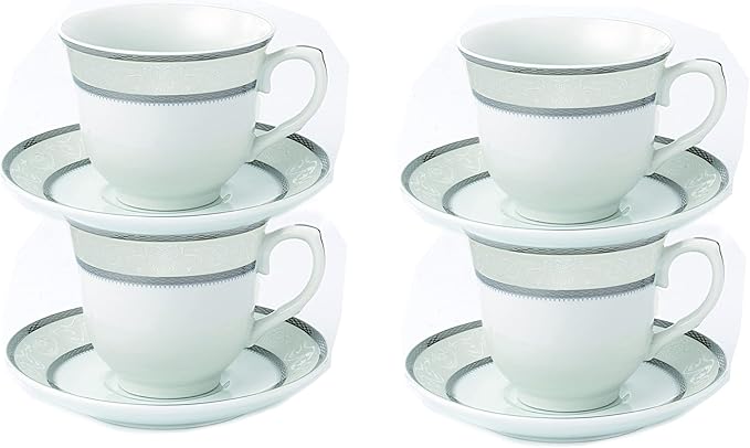 World Gifts Elegant Durable and Colorful Porcelain Tea-Coffee Cups and Saucers Set - Silver, 8 oz. Set of 4