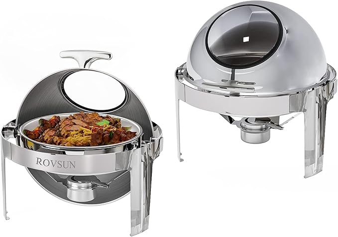 ROVSUN 6 Quart 2 Packs Round Roll Top Chafing Dish Buffet Set, Stainless Steel Chafer for Catering, Food Warmer with Glass Window for Party Wedding Banquet Graduation Event,Silver