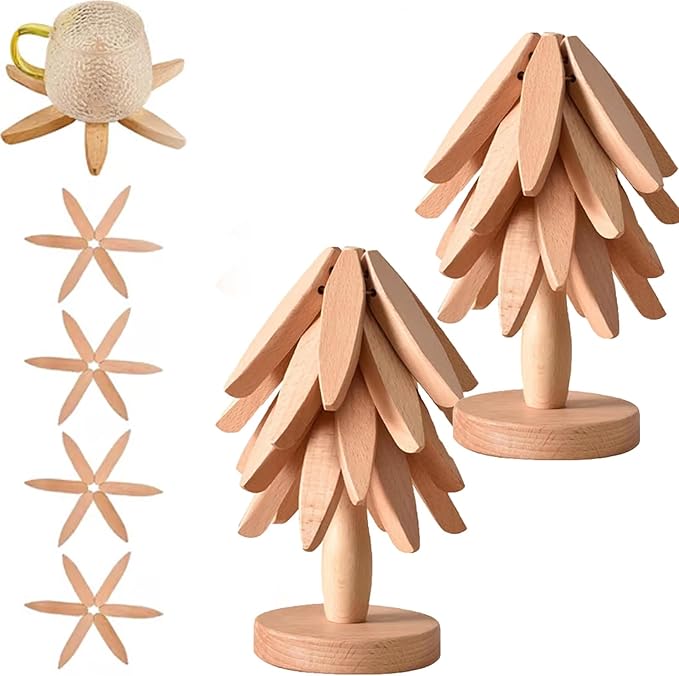 Christmas Tree Trivet Set of 4, Natural Tree Trivet Set - 4 Wooden Trivets & 1 Stand Like a Christmas TRE, Foldable Wood Coasters Heat Resistant Coasters for Hot Pots, Rustic Kitchen(Set b,2pcs)
