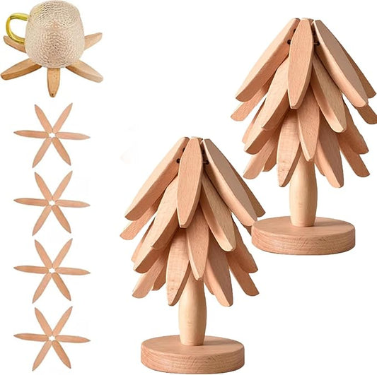 Christmas Tree Trivet Set of 4, Natural Tree Trivet Set - 4 Wooden Trivets & 1 Stand Like a Christmas TRE, Foldable Wood Coasters Heat Resistant Coasters for Hot Pots, Rustic Kitchen(Set b,2pcs)