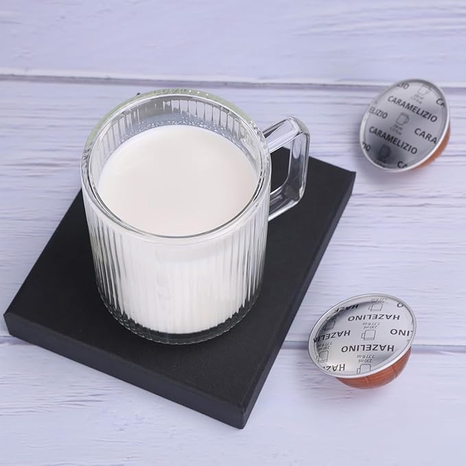 13.5oz Double Walled Glass Coffee Mug - Clear Ribbed Glassware with Handle, Perfect for Cappuccino, Latte, Cereal, Yogurt, Beer, Milk, and All Beverages (Set of 4)