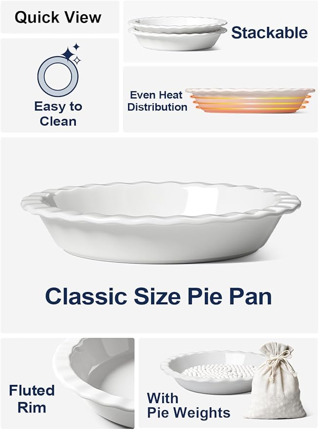 LE TAUCI Ceramic Pie Dish and Pie Weights Set, 9 Inches Pie Pans for Baking, 36 OZ Round Fluted Pie Plates for Apple Pie, Quiche, Pot Pies, Tart – Set of 2, Classic White