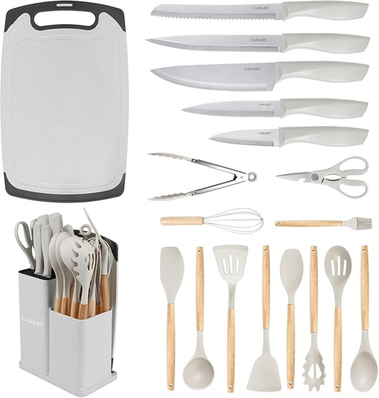 19 PCS Kitchen Cooking Utensils Set, 11 Pieces Silicone Cooking Utensils Set 6 Pieces Sharp Stainless Steel White Knife Set with 1 Piece Cutting Board, Ideal for Apartment
