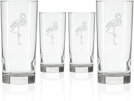 Rolf Glass Flamingo Highball Glass | 15oz Cooler Glasses | Lead-Free and Sand-Etched | Heavy Base, Thick Glass | Made in the USA | Tropical and Coastal Engraved Pineapple | Set of 4