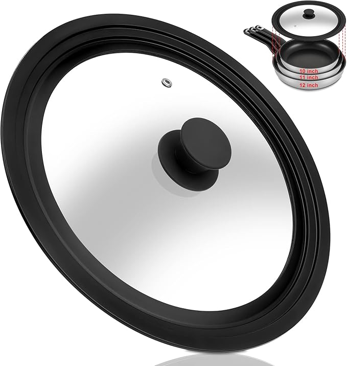 Universal Lid for Pots, Pans and Skillets - Tempered Glass Lid with Heat Resistant Silicone Rim Fits 10" - 12" Diameter Cookware, Replacement Lid for Frying Pan and Cast Iron Skillet(10"11"12")