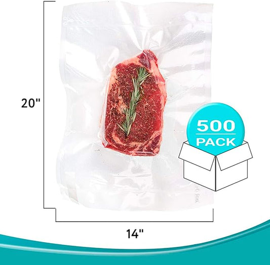 APQ Pack of 500 Co-Extruded Vacuum Pouches, Clear 14 x 20. Vacuum Food Bags 14x20. Thickness 3 mil. Polyethylene Bags for Packing and Storing. Perfect for Industrial, Food Service.