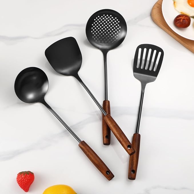 304 Stainless Steel Kitchen Utensils Set, 4 Pcs Long Cooking Utensils Set with Wooden Handle, Large Heat Resistant Kitchen Tools(Black, Dishwasher Safe)