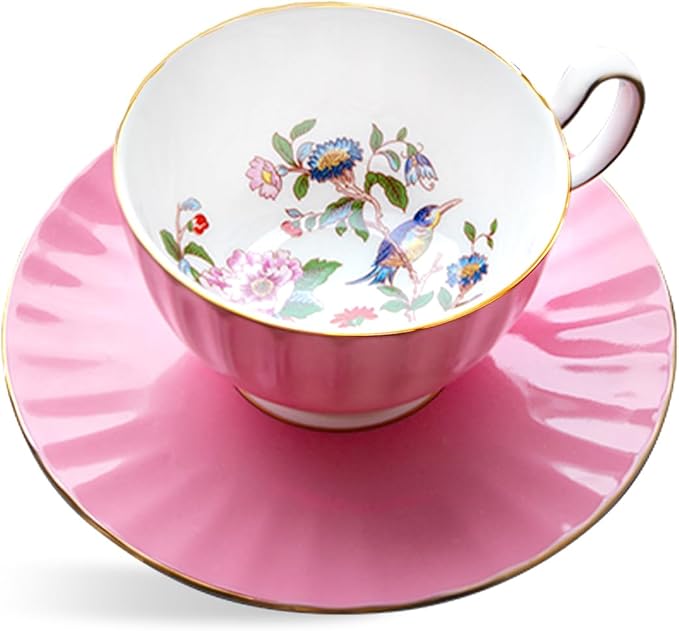 Aynsley Handpainting Colored Glaze Pembroke Oban Fine Bone China English Tea Cup and Saucer Set, 6.1 oz (Pink)