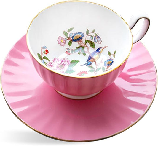 Aynsley Handpainting Colored Glaze Pembroke Oban Fine Bone China English Tea Cup and Saucer Set, 6.1 oz (Pink)