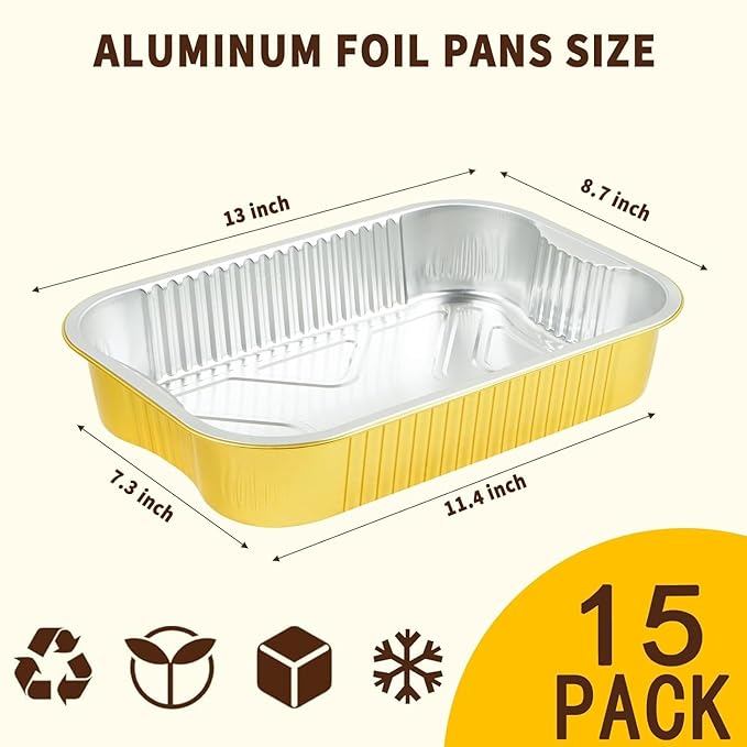 15 Pack Gold Aluminum Foil Pans with Lids 9x13, Extra Heavy Duty Aluminum Foil Baking Pans with Lids, Double Thick Half Size Tin Foil Food Container with Lids for Baking, Heating, Cooking