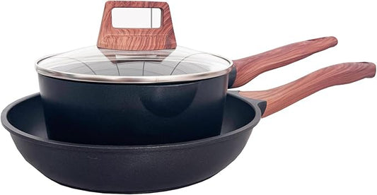 3-Piece Granite Non-Stick Cookware Set - 9.5" Frying Pan, Skillet, 7" Sauce Pan with Lid - PFOA Free