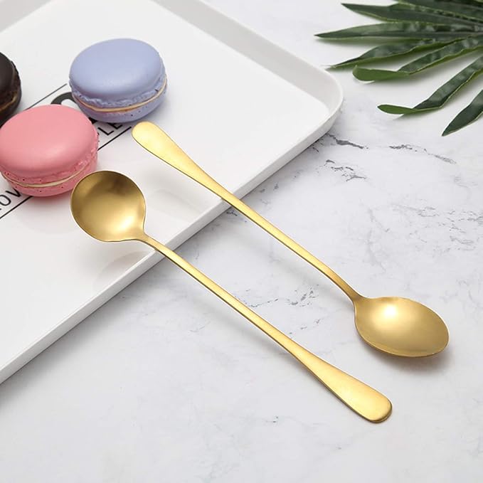 6 Pcs Golden Stainless Steel Round Dessert Spoons - Long Handle for Hot Chocolate, Ice Tea, Latte & Espresso