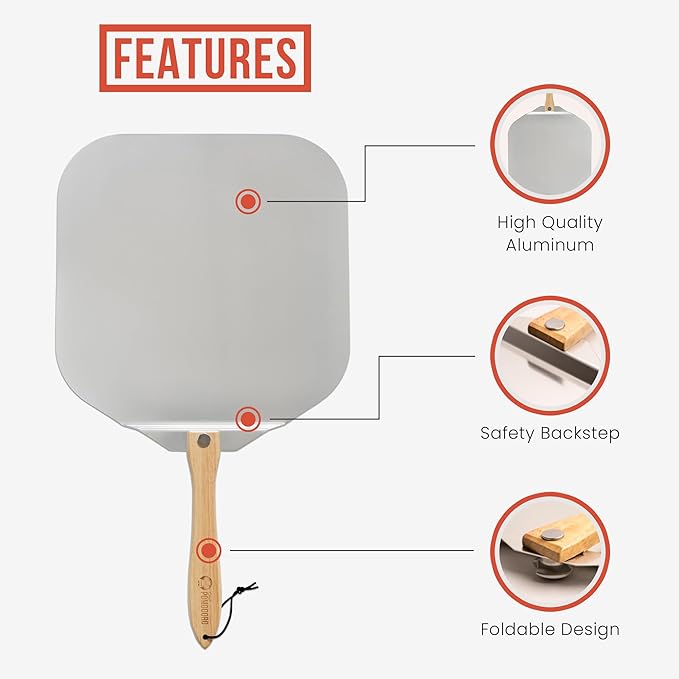 Chef Pomodoro Aluminum Metal Pizza Peel with Foldable Wood Handle for Easy Storage, Pizza Spatula, Gourmet Luxury Pizza Paddle for Baking Homemade Pizza Bread (18 x 20 inch)