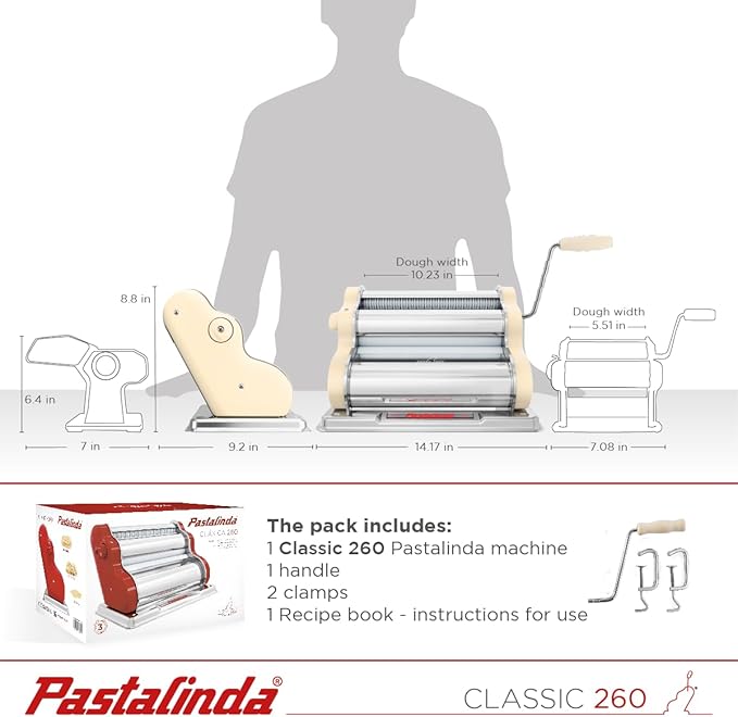 PASTALINDA Classic 260 Pasta Maker Machine, 26 cm Wide Rollers, 9 Thickness Positions, 2 Cutting Positions, Stainless Steel. Includes Reinforced Hand Crank And Two Clamps (Cream)
