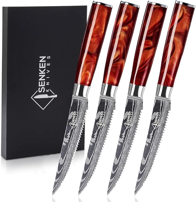 SENKEN Professional Steak Knife Set with Engraved Damascus Pattern, Razor Sharp Blade, High Carbon Stainless Steel with Beautiful Gift Box, Blue & Red Resin Handles