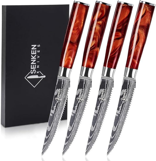 SENKEN Professional Steak Knife Set with Engraved Damascus Pattern, Razor Sharp Blade, High Carbon Stainless Steel with Beautiful Gift Box, Blue & Red Resin Handles