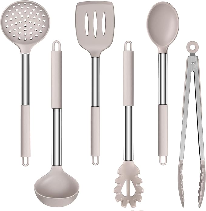LIANYU Cooking Utensils Set of 6, Silicone Kitchen Utensils Set for Nonstick Cookware, Heat Resistant Kitchen Gadgets Tools, Includes Spatulas, Spoons, Tongs, Stainless Steel Handle, Khaki