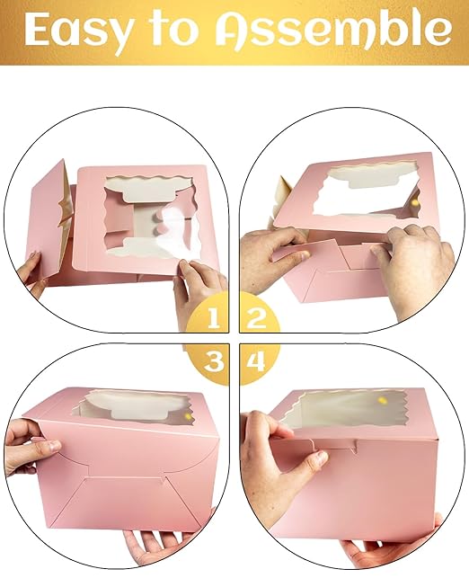 qiqee 10x10x5 Cake Box, 18 Sets Pink Cake Box with Window ＆ 18 Sets 10" Pink Cake Round Boards, 10inch Cake Containers