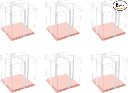 XININSUN clear cake box with ribbon,8inch 10inch cake boxes,transparent tall cake box cake carrier,Square Cardboard Cake Containers clear gift box for Wedding,Birthday,Party(6pcs-Pink)