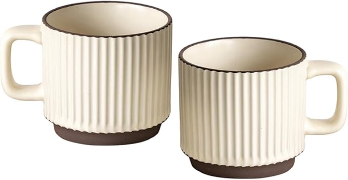 Stackable Coffee Mugs Set, Ceramic Espresso Cups for Au Lait, Cappuccino,Latte,Cafe,Mocha,Tea, Embossment Cups Suit For Housewarming Wedding- 8 oz, Set of 2,Beige&Brown