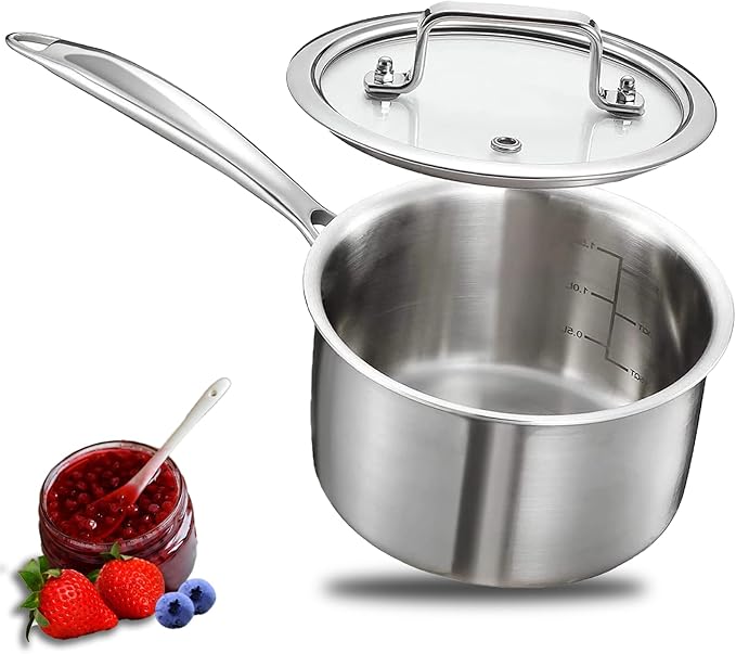 2 Quart Triple Stainless Steel Saucepan with Lid, Ramen Pot with Clear Glass Cover, Small Sauce Pan for Cooking Oatmeal, Induction-Ready, Dishwasher-Safe, Suitable for All Stoves