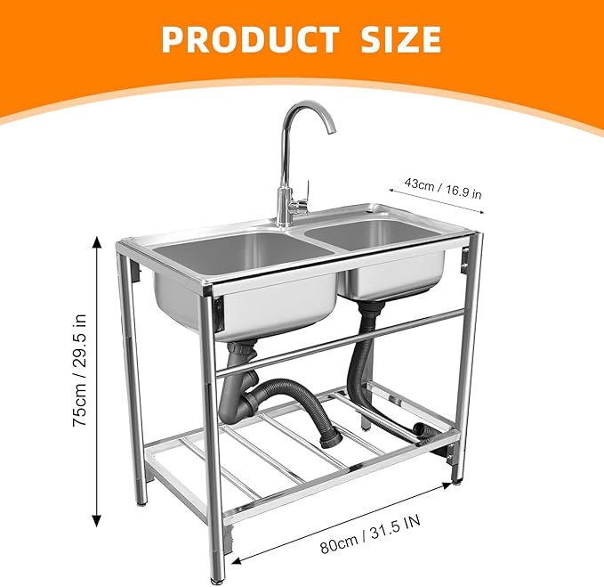 Commercial Stainless Steel Double Bowl Kitchen Sink, Outdoor Utility Sink with Hot and Cold Faucet, Free Standing Restaurant Sink for Restaurant, Kitchen, Laundry, Garage, Cafe, 31.5" x 16.9" x 29.5"