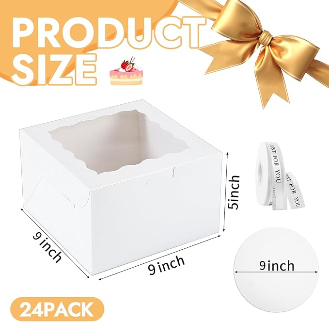48PCS 9x9x5 Inches Cake Boxes with Window, White Bakery Dessert Boxes, Cajas Pasteles for Cake, Cake Carrier Container for Valentine's Day, Mother's Day, Birthday, Wedding, Party (9*9*5inch/24pcs)