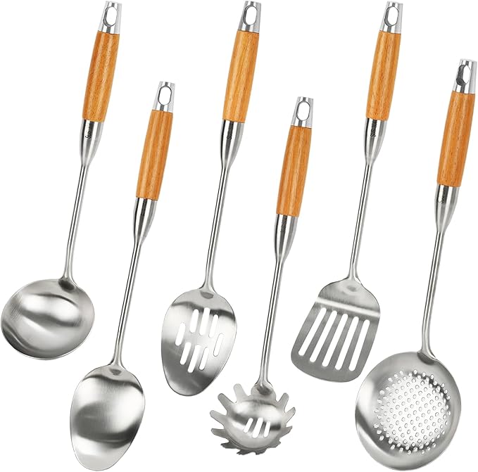 18/8 Stainless Steel Kitchen Utensils Set with Wood Handle, 6 Pcs 15 inch Cooking Utensils Tools, Turner, Ladle, Spoons & Pasta Server