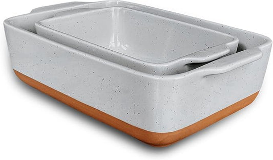 Mora Ceramic Set of 2 Baking Dishes For Casserole, Banana Bread, Brownies, Broiling, Roasting, and Baking. 7x11 in and Loaf Pans - Porcelain Serving Bakeware from Oven to Table. Freezer Safe - Grey