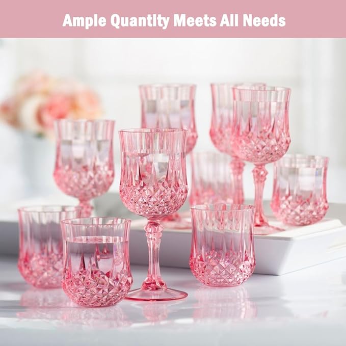 Plastic Wine Glasses，Plastic Goblets Vintage Style Cordial Drinking Glasses for Wedding Reception, Grand Event Party Supplies (48, Pink)