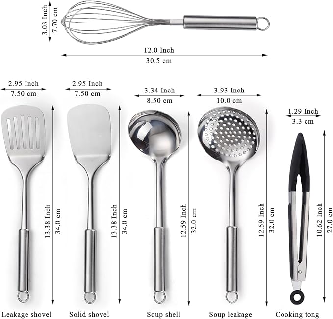 Stainless Steel Cooking Utensils Set 6 Pieces, Kitchen Tools Set Include Metal Spatula Set, Skimmer, Ladle, Tong, Whisk, Kitchen Gadgets Essentials New Home Must Have