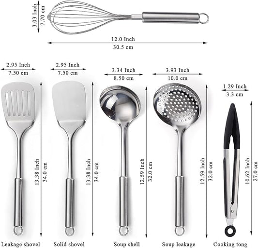 Stainless Steel Cooking Utensils Set 6 Pieces, Kitchen Tools Set Include Metal Spatula Set, Skimmer, Ladle, Tong, Whisk, Kitchen Gadgets Essentials New Home Must Have