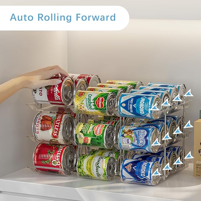 Can Organizer For Pantry, Adjustable Height And Width Canned Goods Organizer, Soup Can Rollers Organizer Holds Up to 48 Cans for Kitchen Cabinet or Refrigerator (CLear 4 Tier)