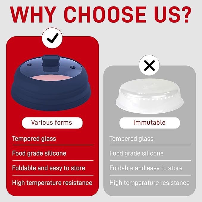 Microwave Splatter Cover Glass 11.8 Inch - Collapsible Microwave Splatter Cover for Plate & Bowl - Tempered Glass Top, Food-Grade Silicone Dome with Heating Vents & Heat-Safe Handle (BLUE DARK)