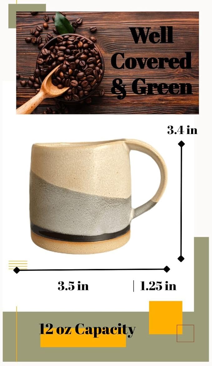 Well Covered & Green Original Day Glazed Ceramic Coffee Mug Set - 2 Vintage Japanese Style Cappucino Coffee Mugs - Stoneware Mug & Matcha Cup Gift Set - 2 x White, 12oz