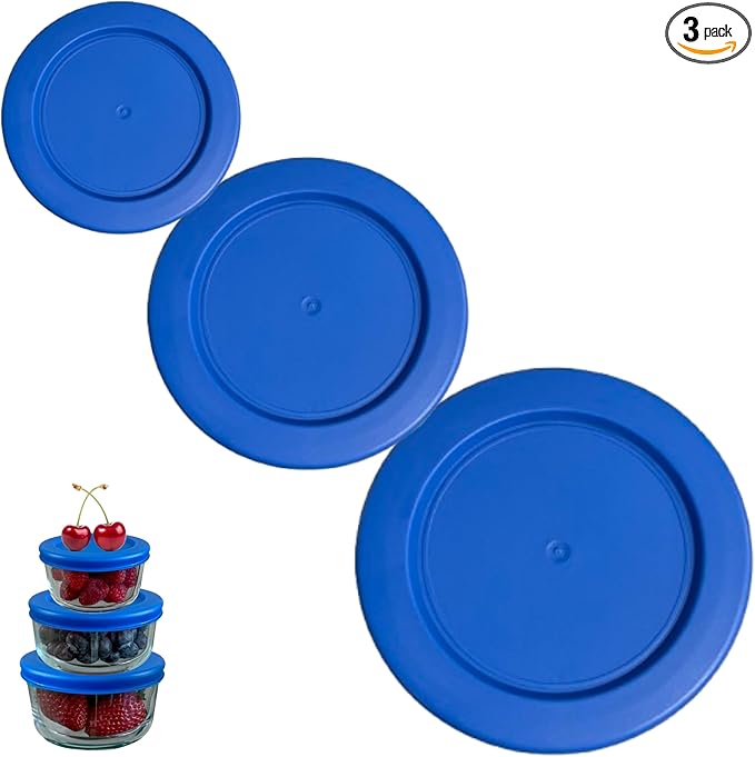 2, 4 & 7 Cup Blue Replacement Lids/Covers for Pyrex, Anchor Hocking & KlareWare Storage Bowls *Lids Only Glass Container Not Included* (3 Pack *One of Each Size*)